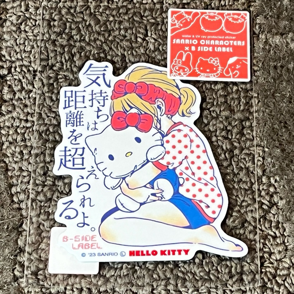 Girl Holding Hello Kitty Plush B-Side Label Sticker Water & UV Ray Protected
